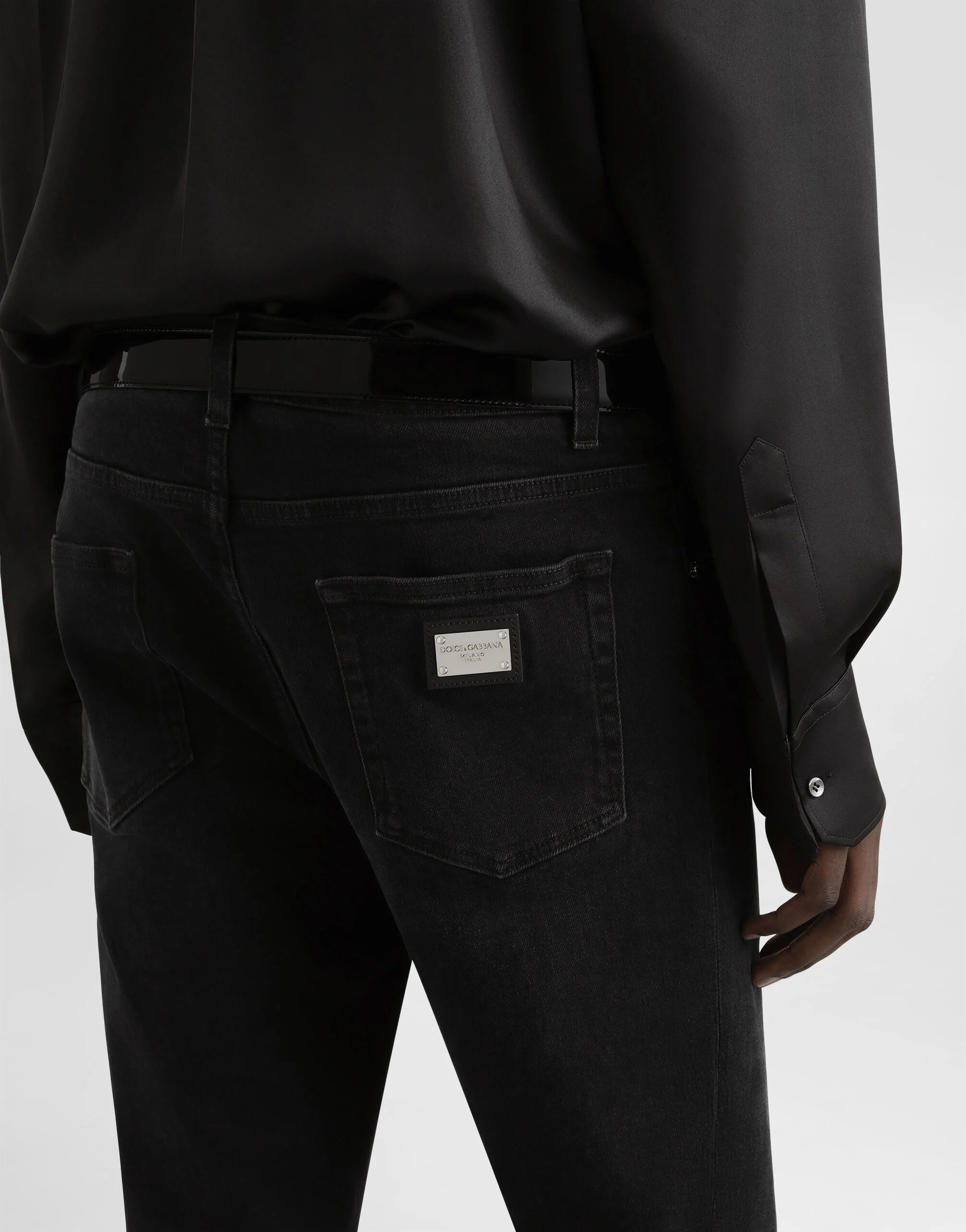 Dolce &amp; Gabbana Logo Plaque Skinny-Fit Cotton Jeans Black